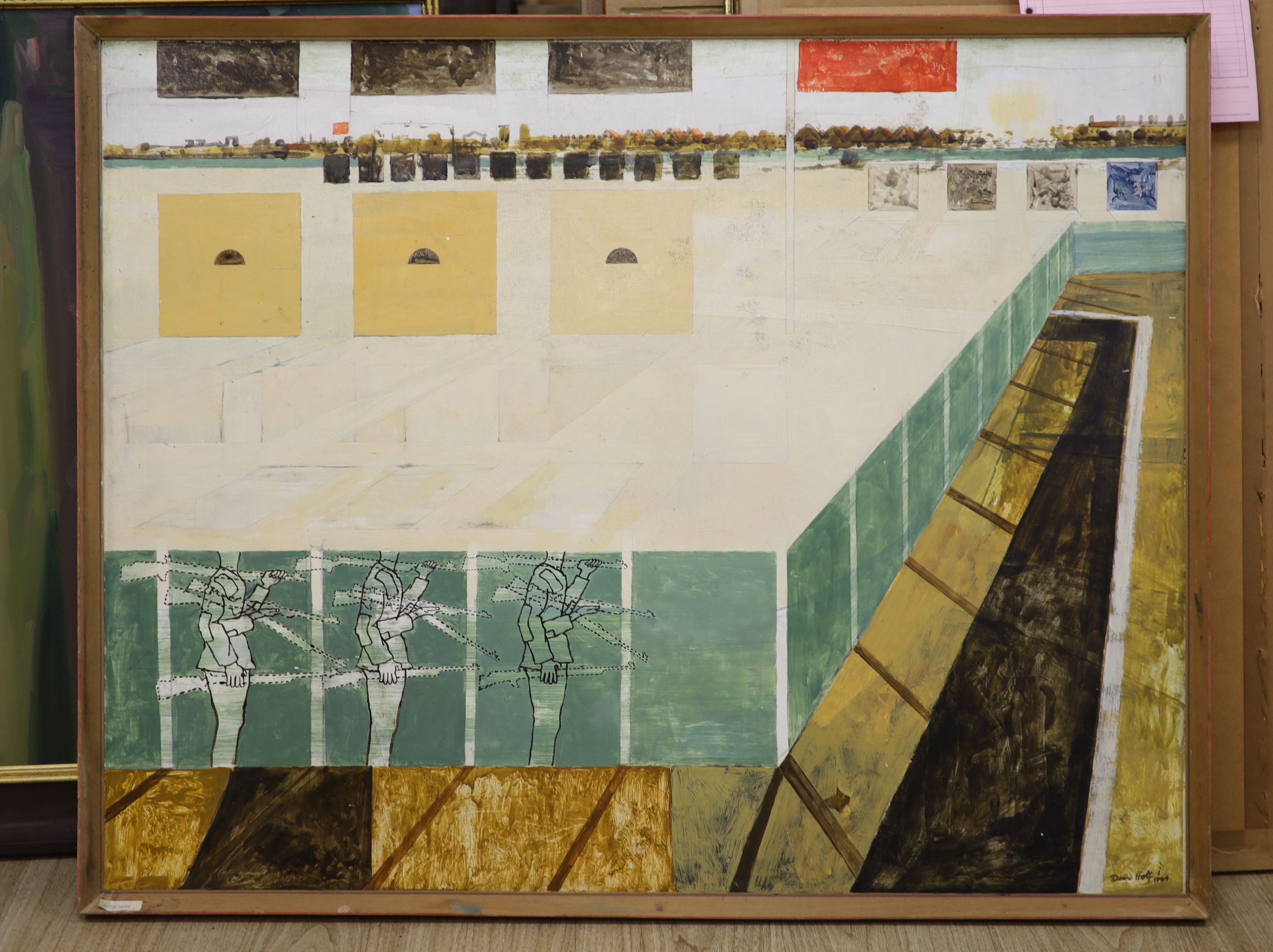 David Holt (1928-2014), mixed media on board, 'Rifle Range', signed and dated 1964, 76 x 96cm